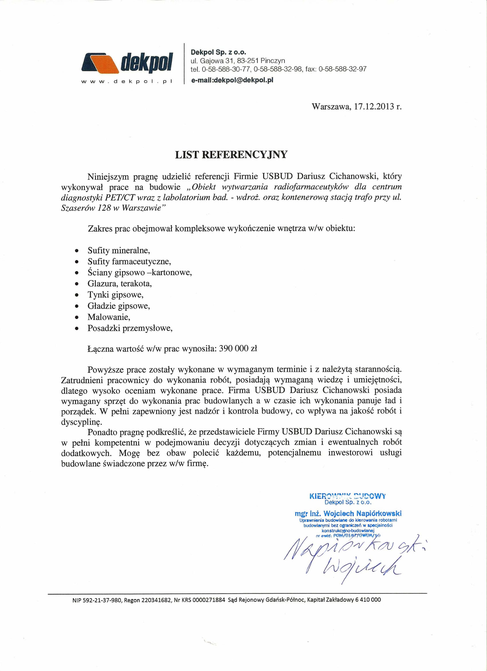 DEKPOL - 	Budowa obiektu wytwarzania radiofarmaceutyków dla Centrum Diagnostyki PET/CT w Warszawie